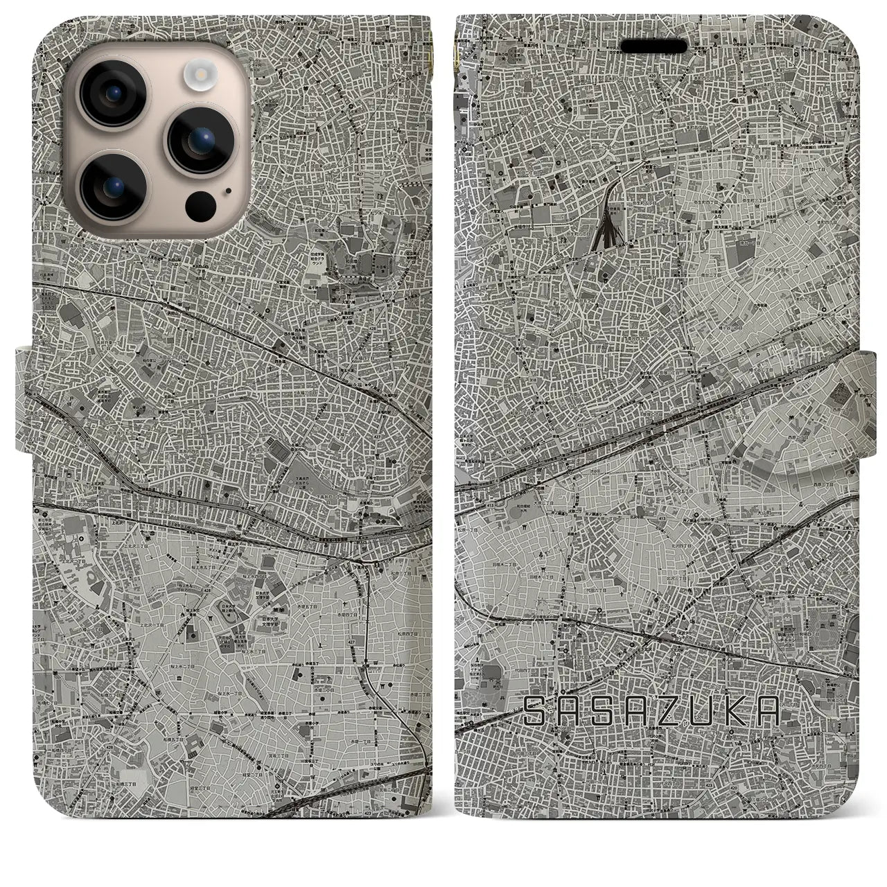 【笹塚(東京都)】地図柄iPhoneケース(手帳タイプ)モノトーン・iPhone 16 Plus 用