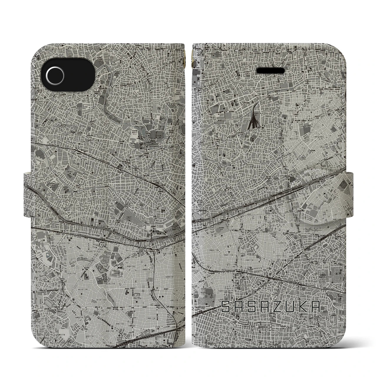 【笹塚(東京都)】地図柄iPhoneケース(手帳タイプ)モノトーン・iPhone SE(第3 / 第2世代) / 8 / 7 / 6s / 6 用