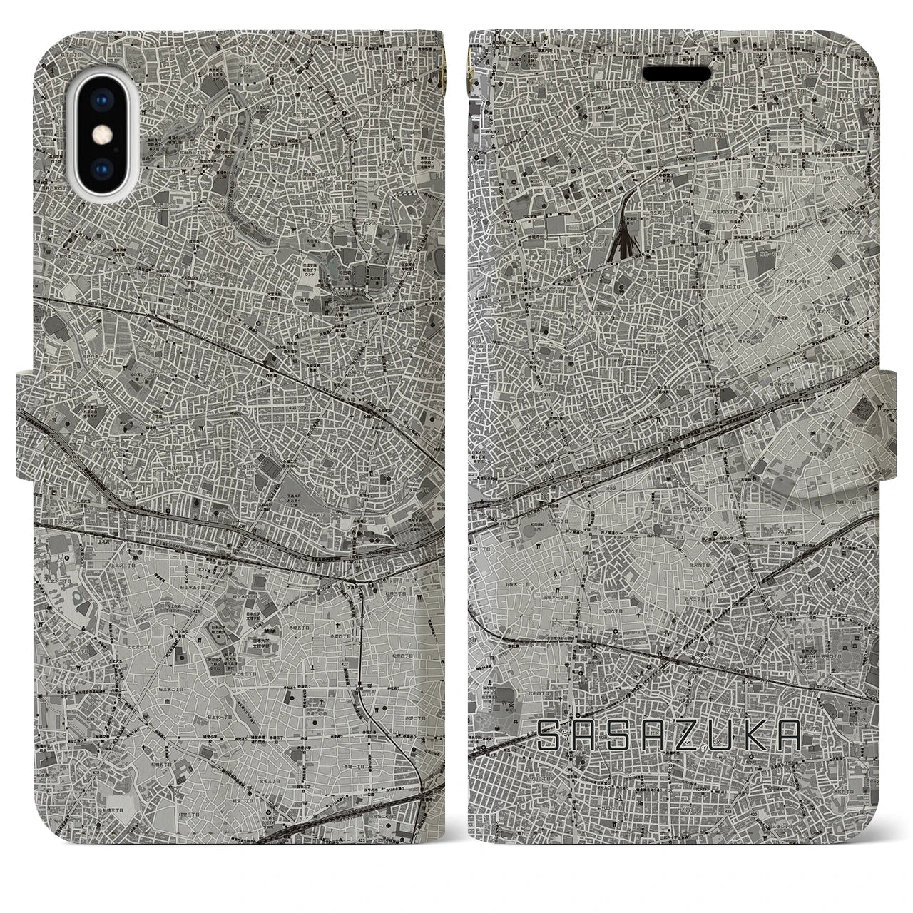 【笹塚(東京都)】地図柄iPhoneケース(手帳タイプ)モノトーン・iPhone XS Max 用