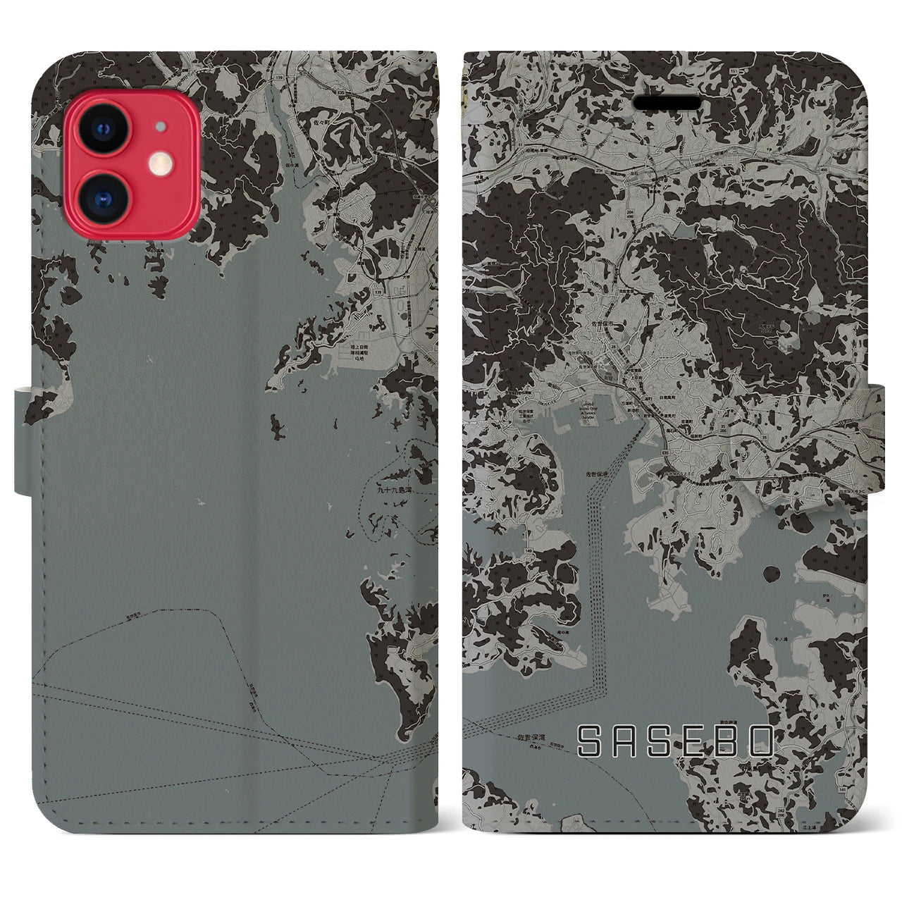 【佐世保(長崎県)】地図柄iPhoneケース(手帳タイプ)モノトーン・iPhone 11 用