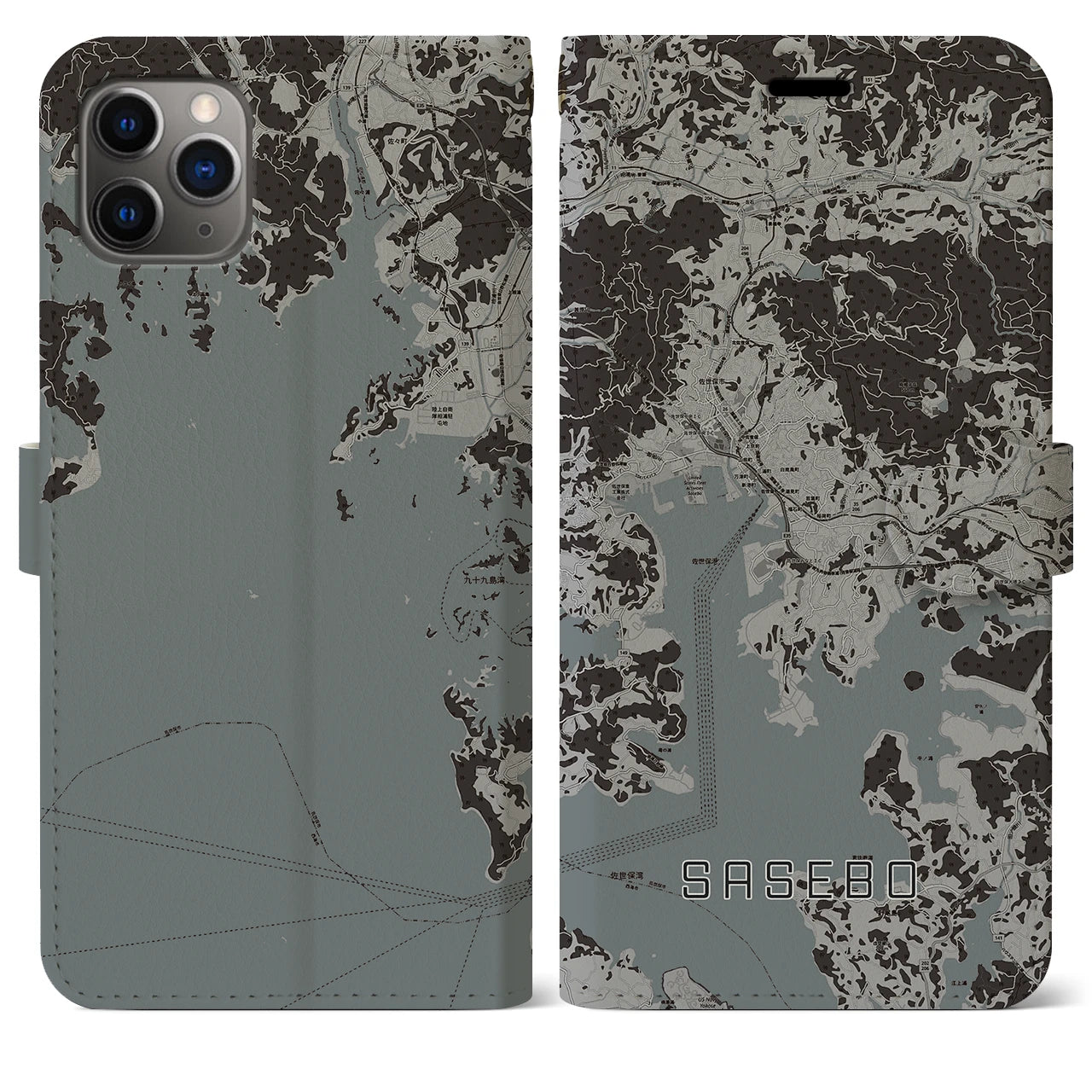 【佐世保(長崎県)】地図柄iPhoneケース(手帳タイプ)モノトーン・iPhone 11 Pro Max 用