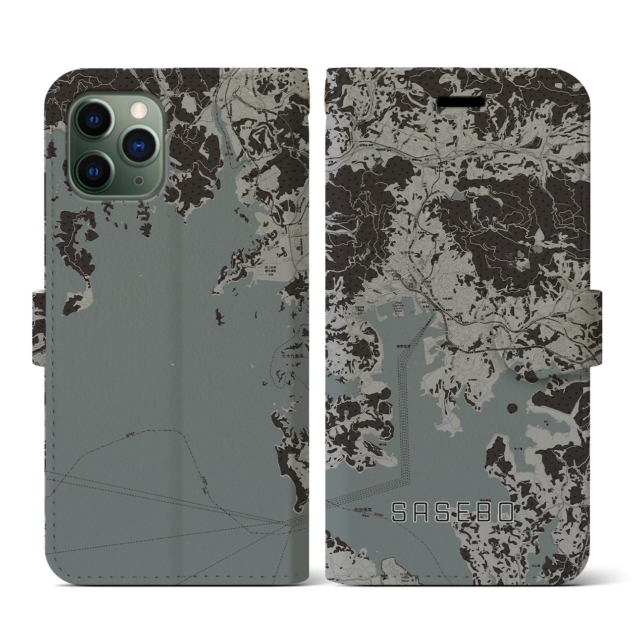 【佐世保(長崎県)】地図柄iPhoneケース(手帳タイプ)モノトーン・iPhone 11 Pro 用