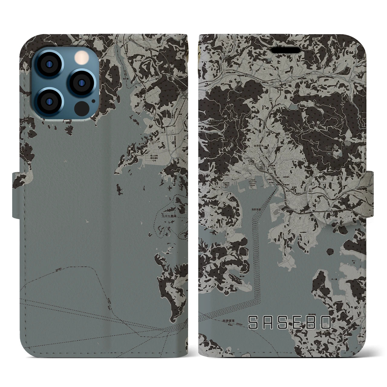 【佐世保(長崎県)】地図柄iPhoneケース(手帳タイプ)モノトーン・iPhone 12 / 12 Pro 用