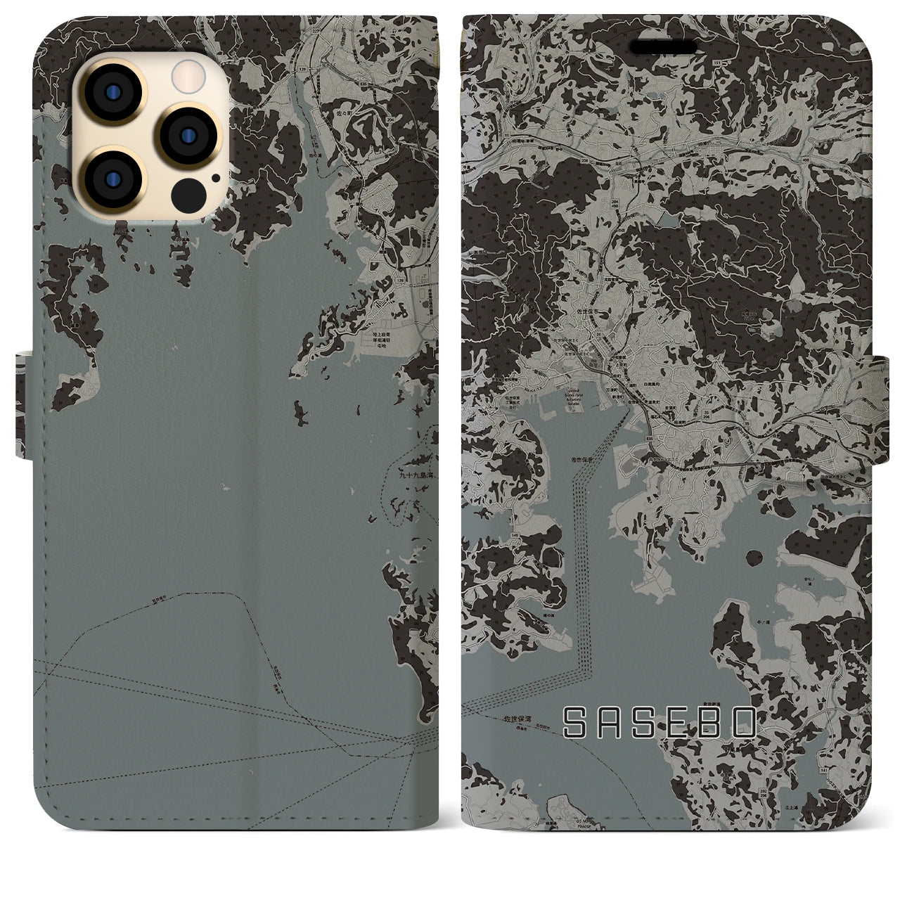 【佐世保(長崎県)】地図柄iPhoneケース(手帳タイプ)モノトーン・iPhone 12 Pro Max 用