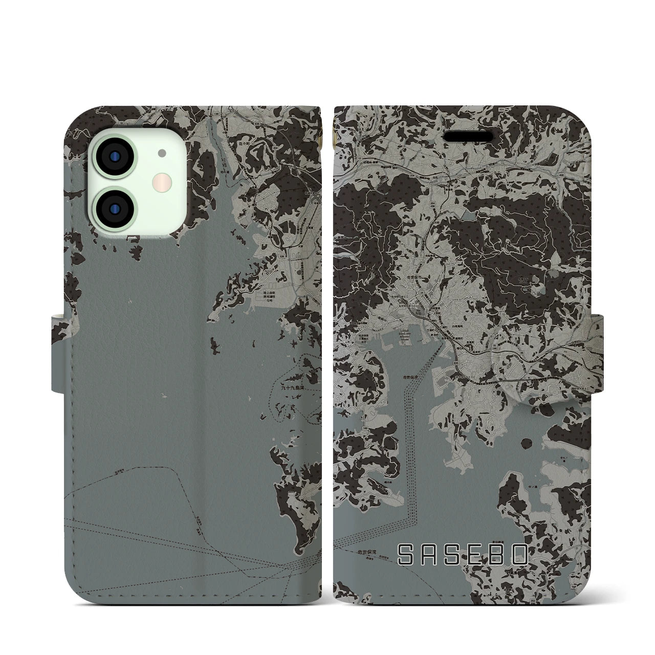【佐世保(長崎県)】地図柄iPhoneケース(手帳タイプ)モノトーン・iPhone 12 mini 用