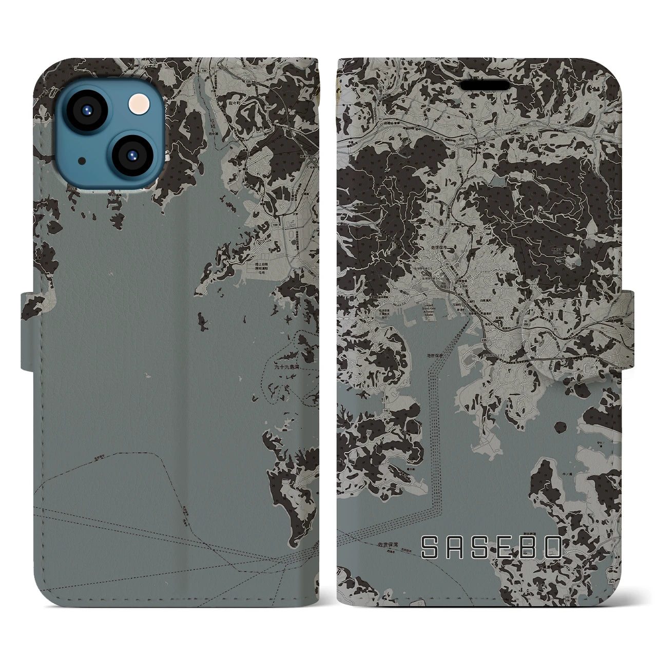 【佐世保(長崎県)】地図柄iPhoneケース(手帳タイプ)モノトーン・iPhone 13 用