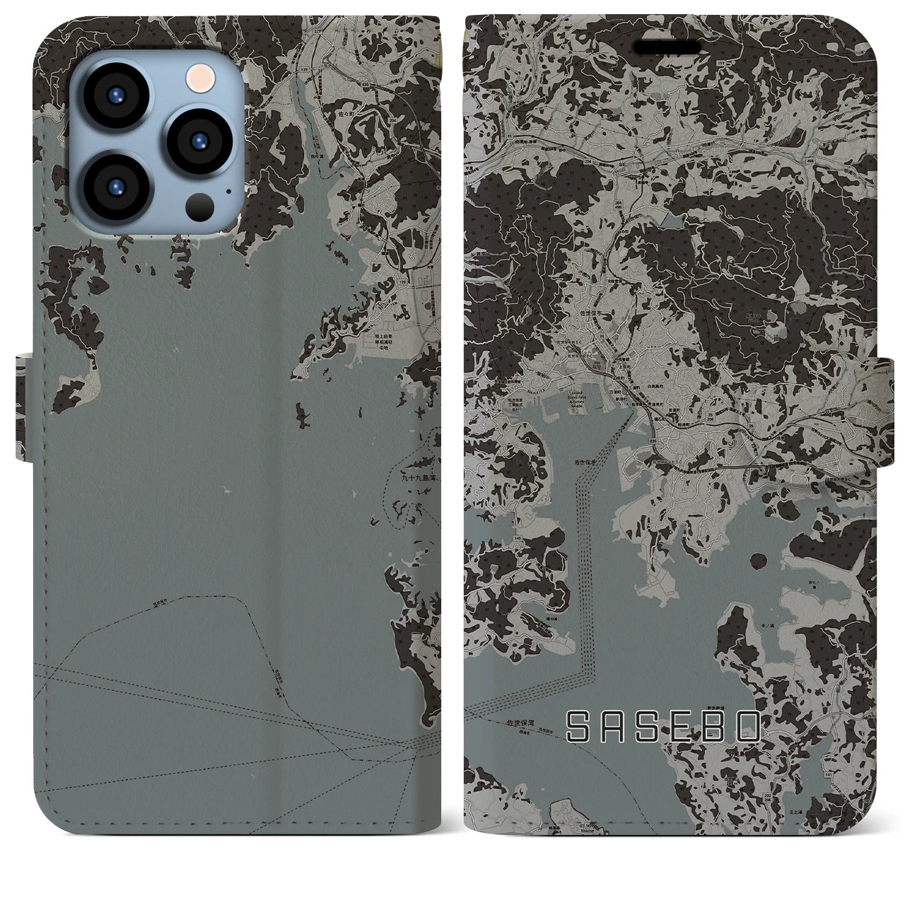 【佐世保(長崎県)】地図柄iPhoneケース(手帳タイプ)モノトーン・iPhone 13 Pro Max 用
