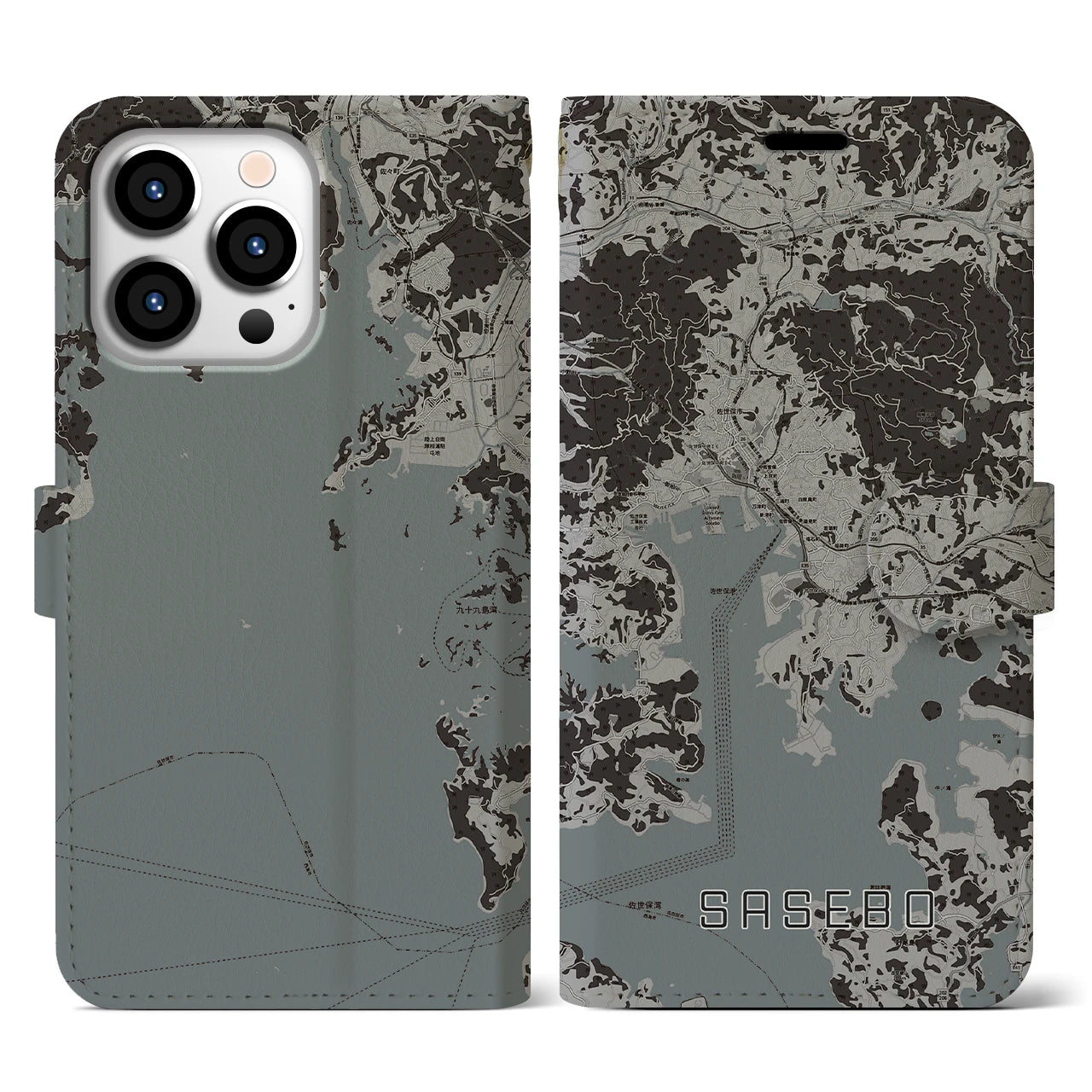 【佐世保(長崎県)】地図柄iPhoneケース(手帳タイプ)モノトーン・iPhone 13 Pro 用