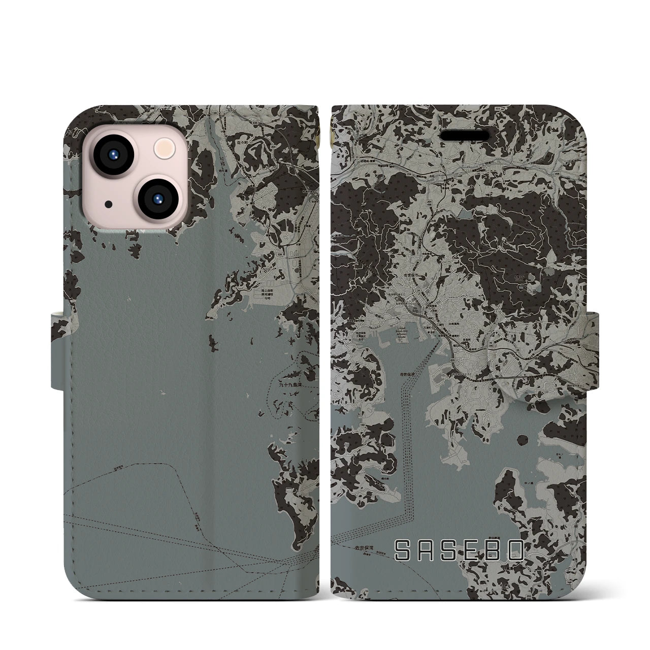 【佐世保(長崎県)】地図柄iPhoneケース(手帳タイプ)モノトーン・iPhone 13 mini 用