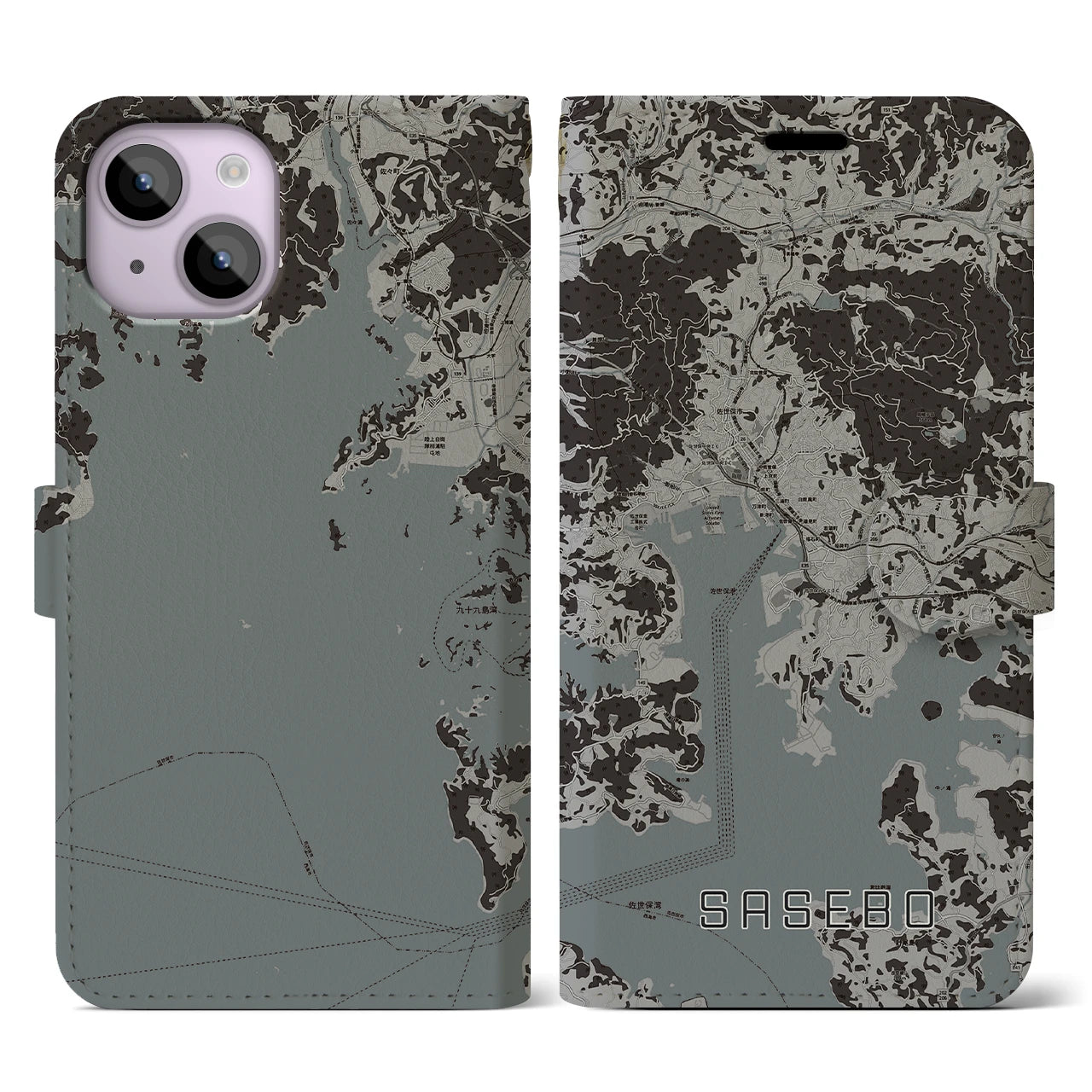 【佐世保(長崎県)】地図柄iPhoneケース(手帳タイプ)モノトーン・iPhone 14 用