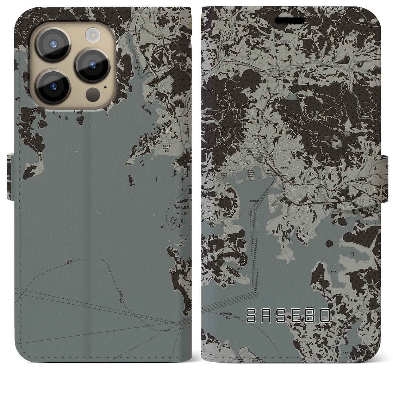 【佐世保(長崎県)】地図柄iPhoneケース(手帳タイプ)モノトーン・iPhone 14 Pro Max 用