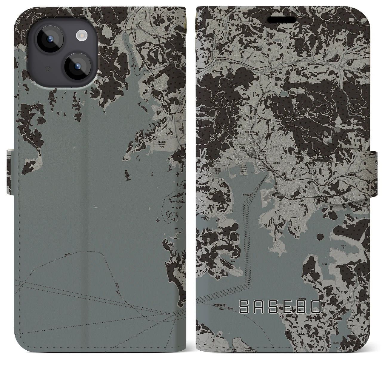 【佐世保(長崎県)】地図柄iPhoneケース(手帳タイプ)モノトーン・iPhone 14 Plus 用