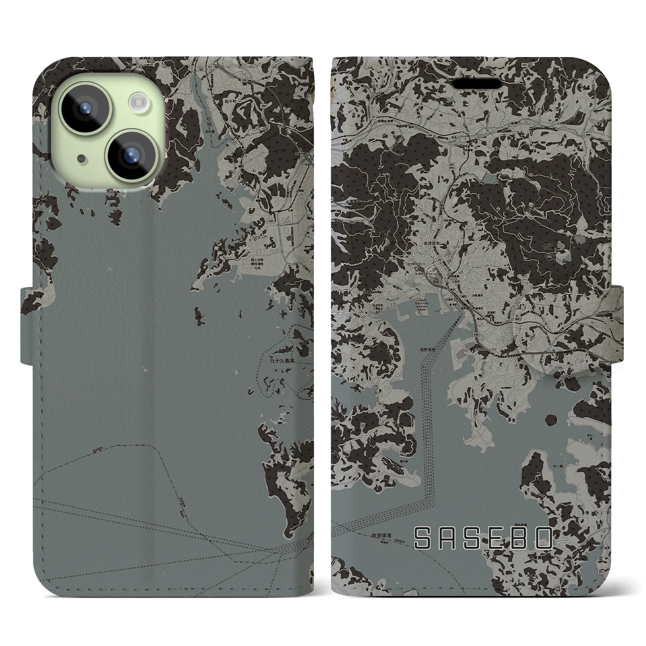【佐世保(長崎県)】地図柄iPhoneケース(手帳タイプ)モノトーン・iPhone 15 用