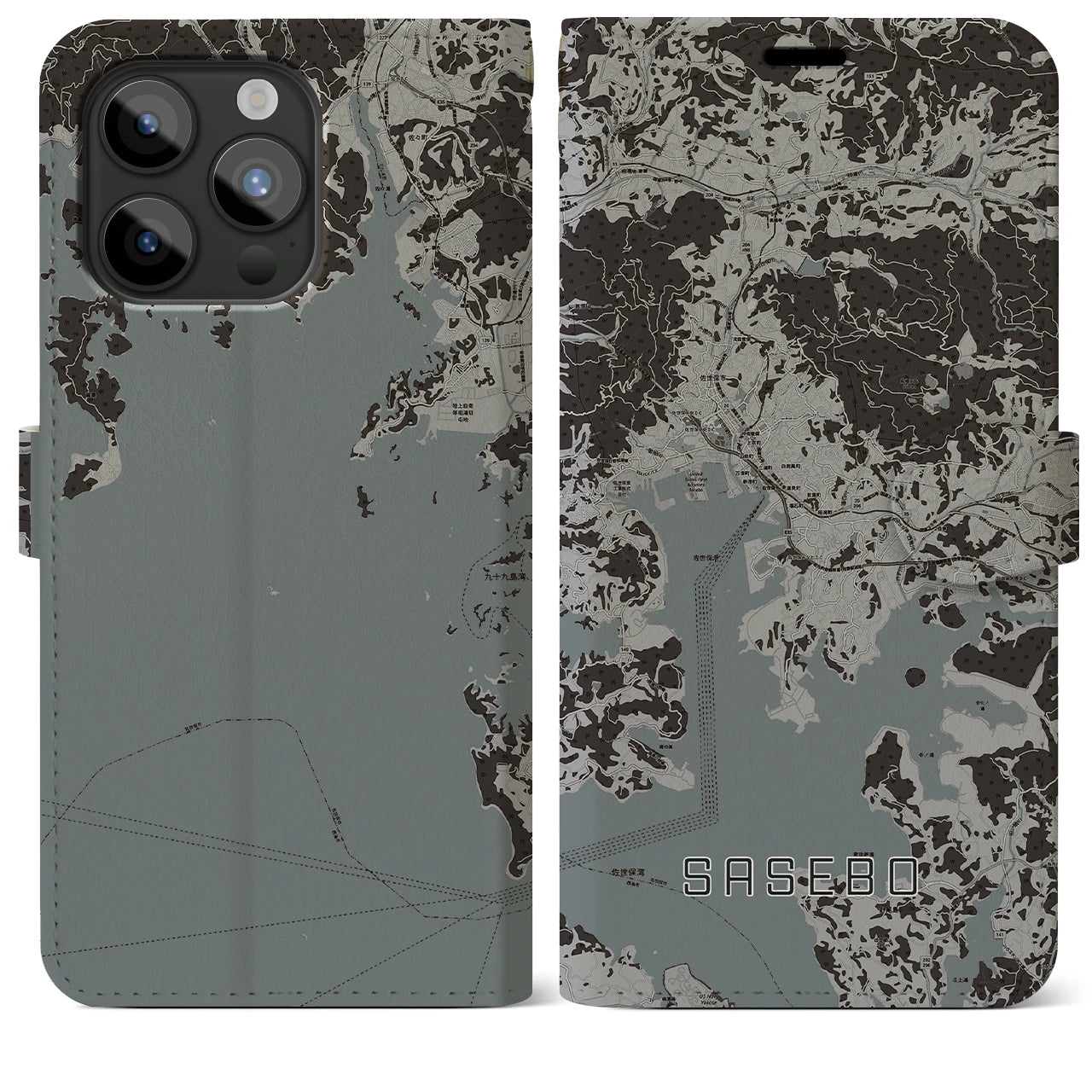 【佐世保(長崎県)】地図柄iPhoneケース(手帳タイプ)モノトーン・iPhone 15 Pro Max 用
