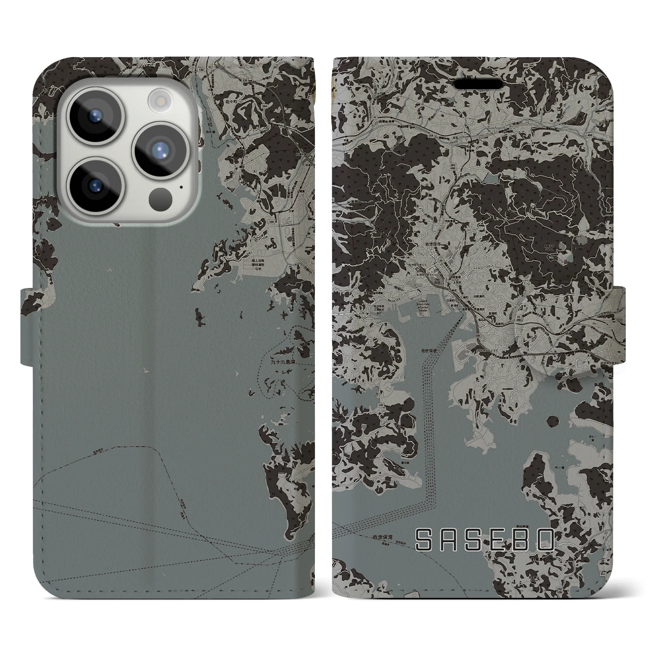 【佐世保(長崎県)】地図柄iPhoneケース(手帳タイプ)モノトーン・iPhone 15 Pro 用
