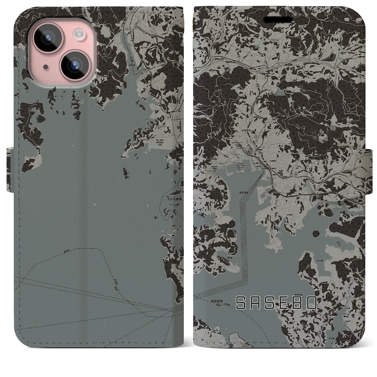 【佐世保(長崎県)】地図柄iPhoneケース(手帳タイプ)モノトーン・iPhone 15 Plus 用