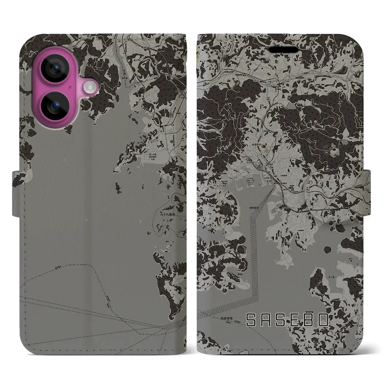 【佐世保(長崎県)】地図柄iPhoneケース(手帳タイプ)モノトーン・iPhone 16 Pro 用