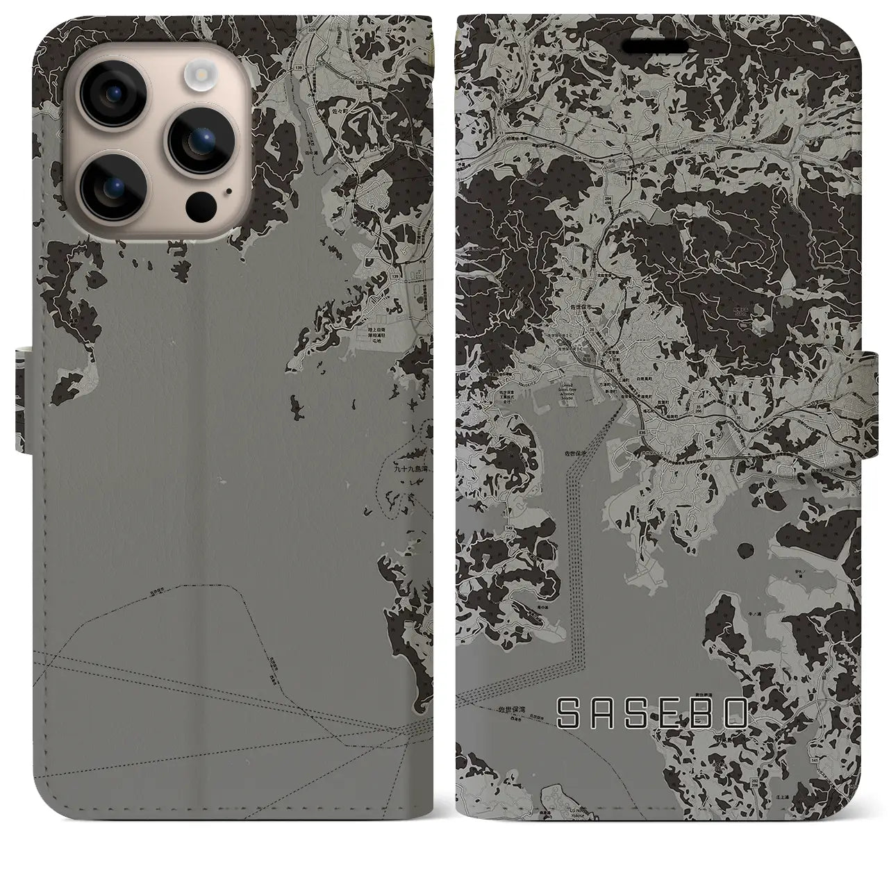 【佐世保(長崎県)】地図柄iPhoneケース(手帳タイプ)モノトーン・iPhone 16 Plus 用