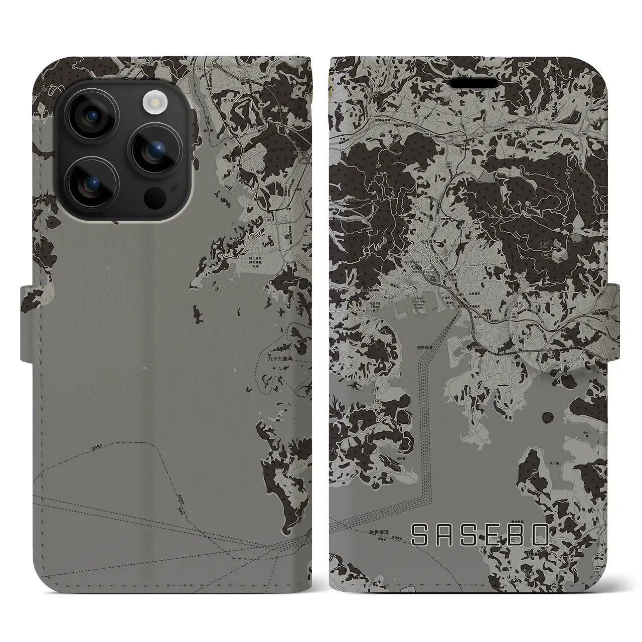 【佐世保(長崎県)】地図柄iPhoneケース(手帳タイプ)モノトーン・iPhone 16 用