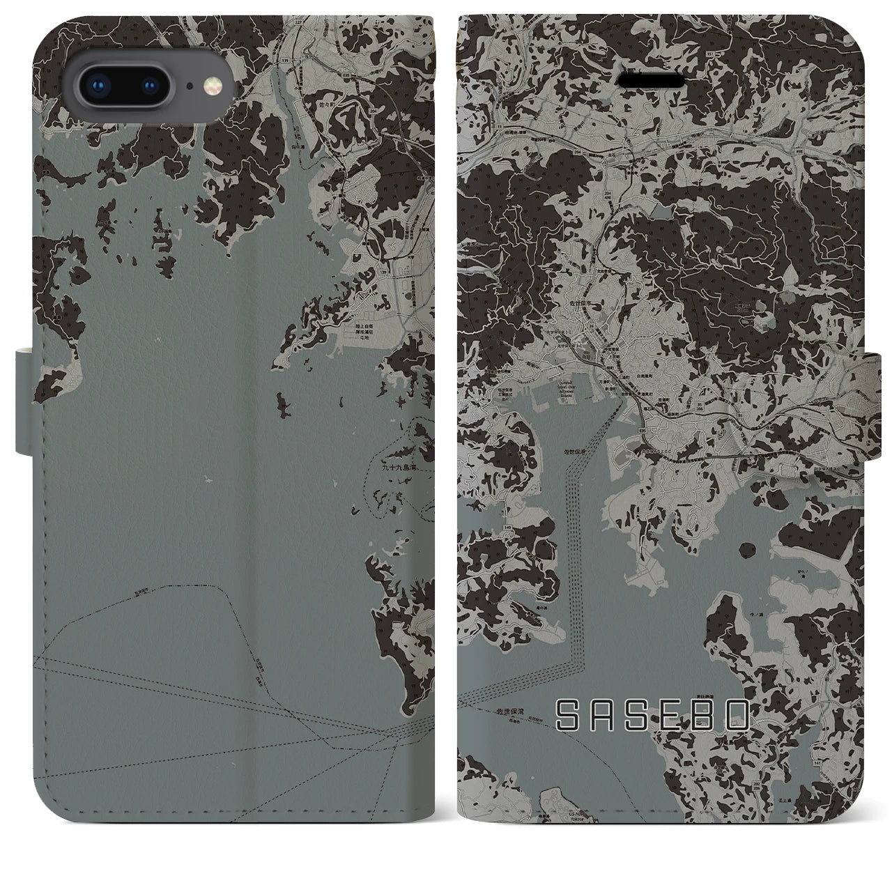 【佐世保(長崎県)】地図柄iPhoneケース(手帳タイプ)モノトーン・iPhone 8Plus /7Plus / 6sPlus / 6Plus 用