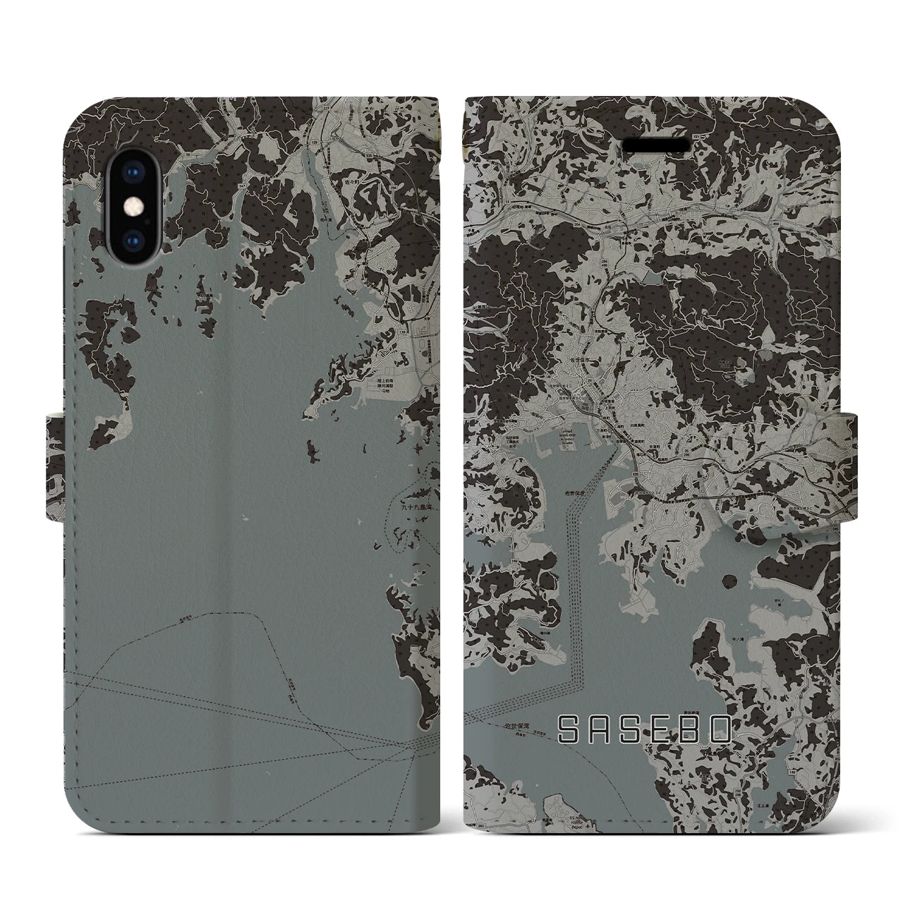 【佐世保(長崎県)】地図柄iPhoneケース(手帳タイプ)モノトーン・iPhone XS / X 用