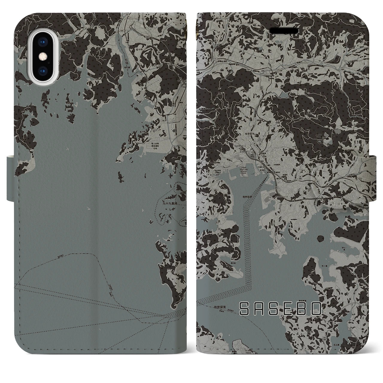【佐世保(長崎県)】地図柄iPhoneケース(手帳タイプ)モノトーン・iPhone XS Max 用