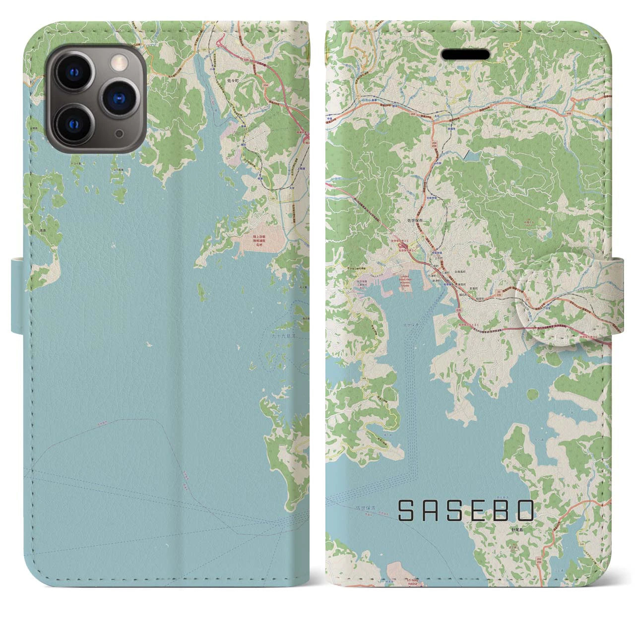 【佐世保(長崎県)】地図柄iPhoneケース(手帳タイプ)ナチュラル・iPhone 11 Pro Max 用