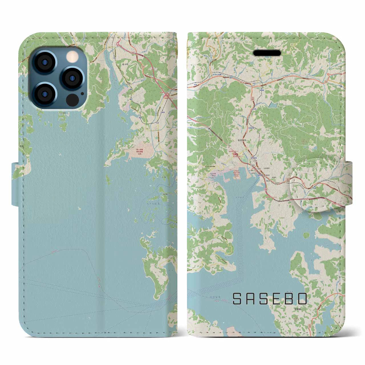 【佐世保(長崎県)】地図柄iPhoneケース(手帳タイプ)ナチュラル・iPhone 12 / 12 Pro 用