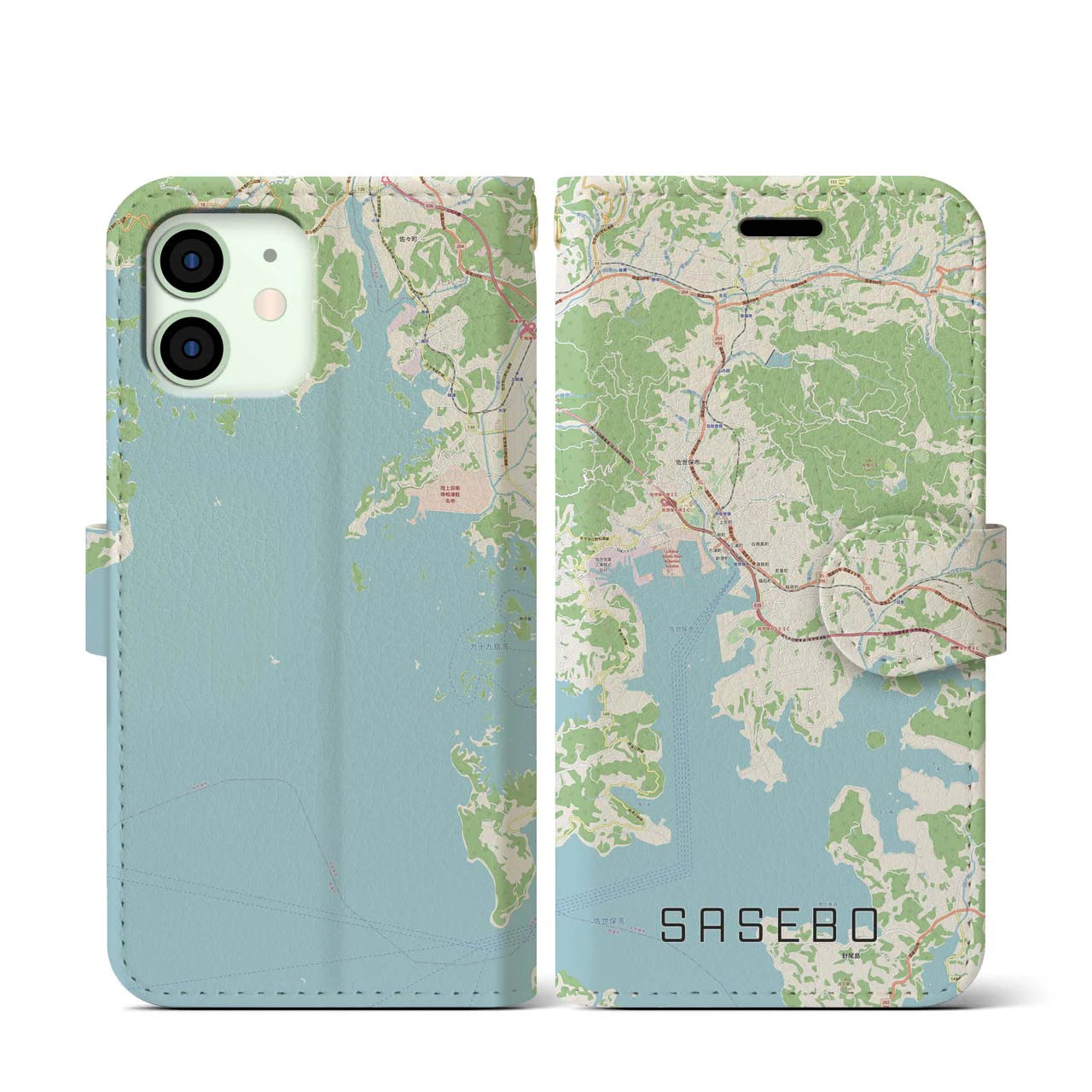 【佐世保(長崎県)】地図柄iPhoneケース(手帳タイプ)ナチュラル・iPhone 12 mini 用