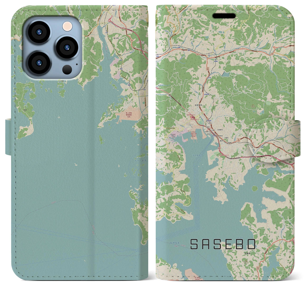 【佐世保(長崎県)】地図柄iPhoneケース(手帳タイプ)ナチュラル・iPhone 13 Pro Max 用