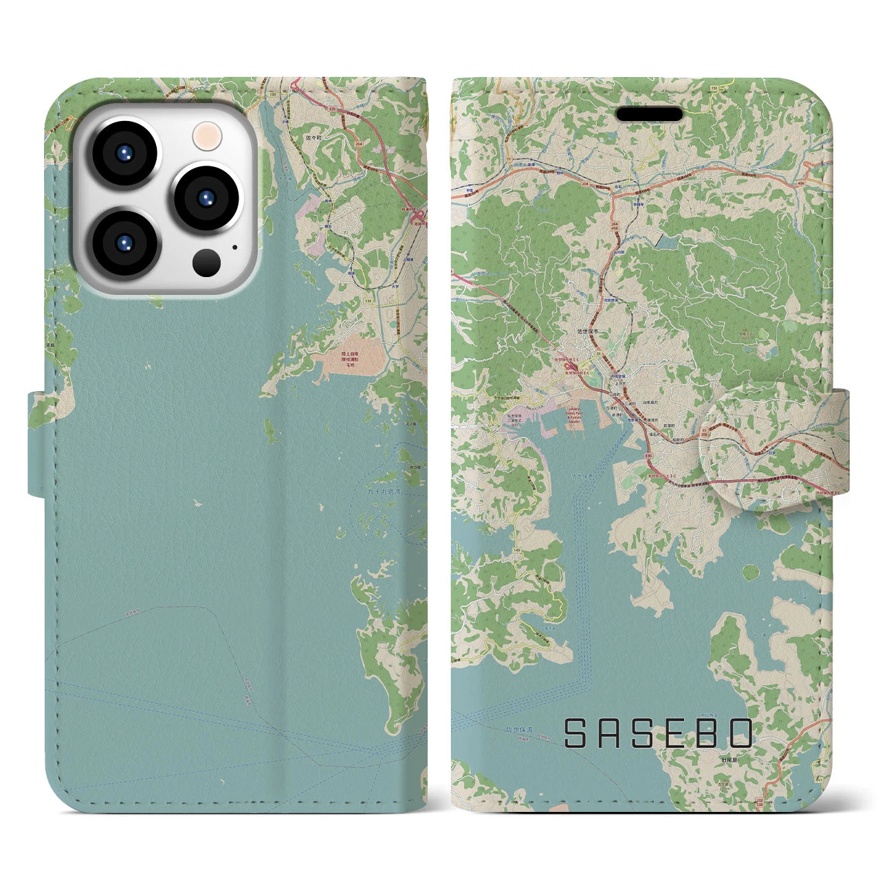 【佐世保(長崎県)】地図柄iPhoneケース(手帳タイプ)ナチュラル・iPhone 13 Pro 用