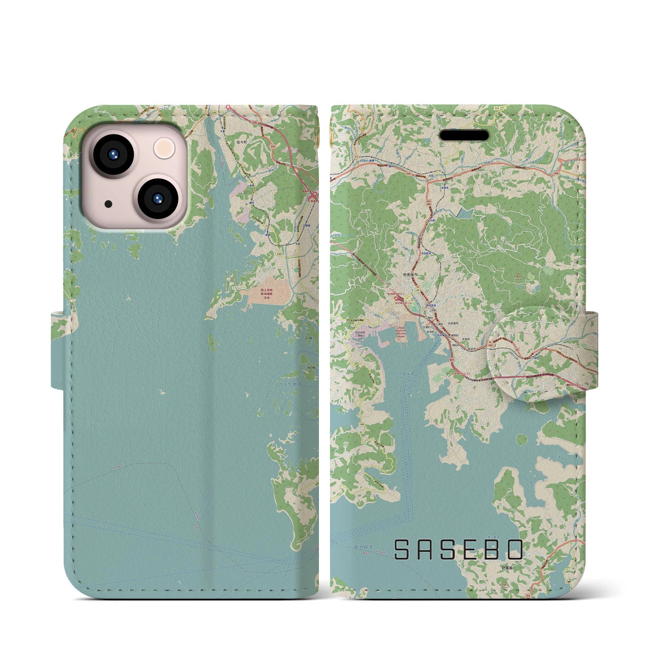 【佐世保(長崎県)】地図柄iPhoneケース(手帳タイプ)ナチュラル・iPhone 13 mini 用