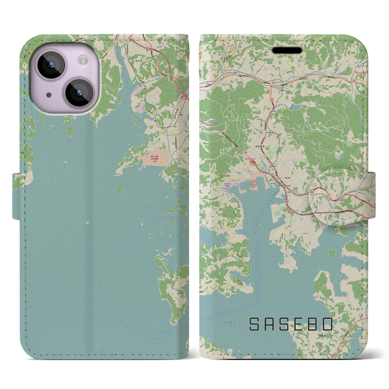 【佐世保(長崎県)】地図柄iPhoneケース(手帳タイプ)ナチュラル・iPhone 14 用