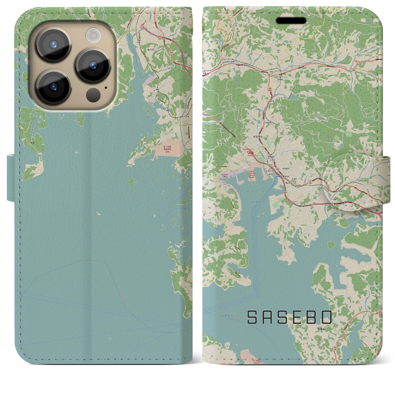 【佐世保(長崎県)】地図柄iPhoneケース(手帳タイプ)ナチュラル・iPhone 14 Pro Max 用