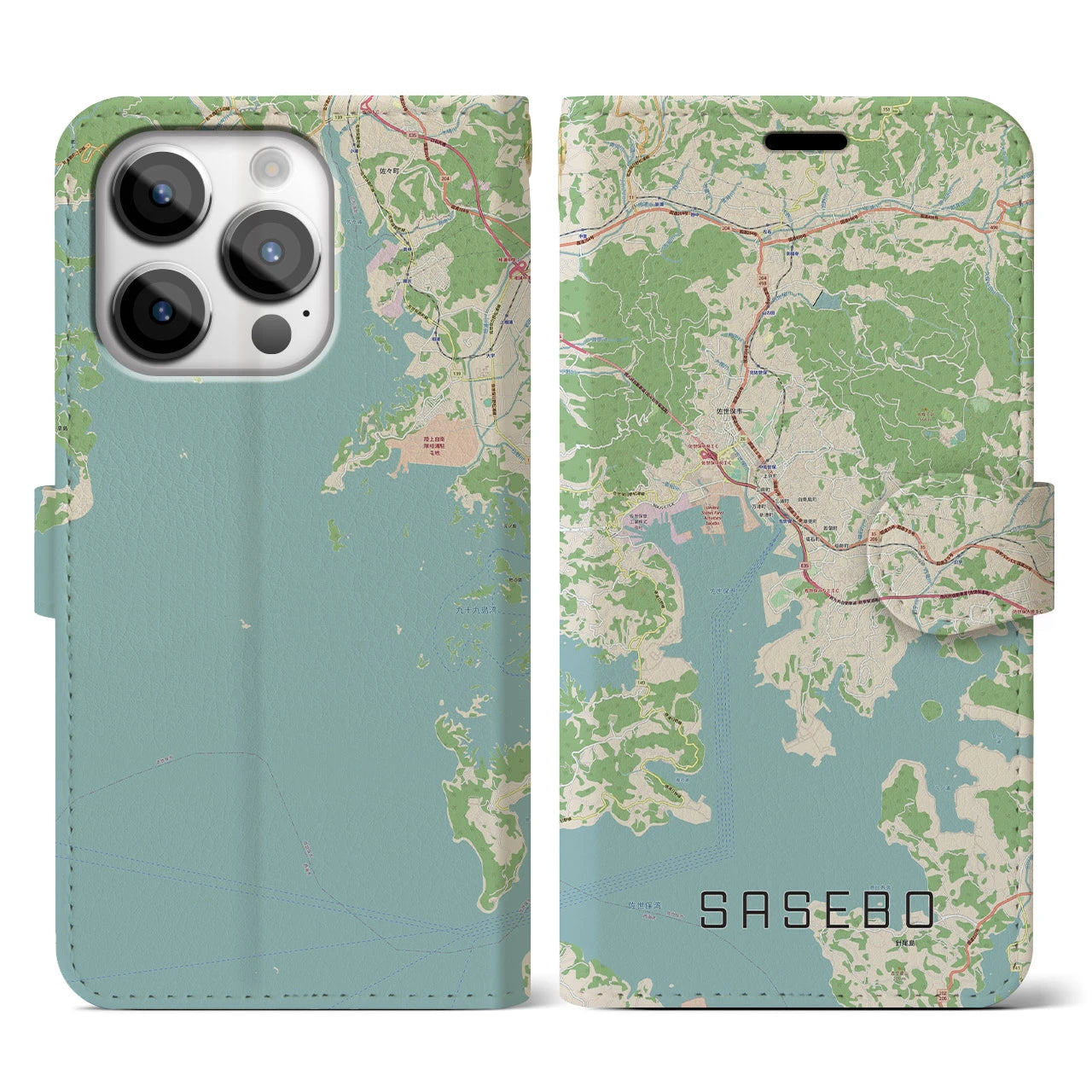 【佐世保(長崎県)】地図柄iPhoneケース(手帳タイプ)ナチュラル・iPhone 14 Pro 用
