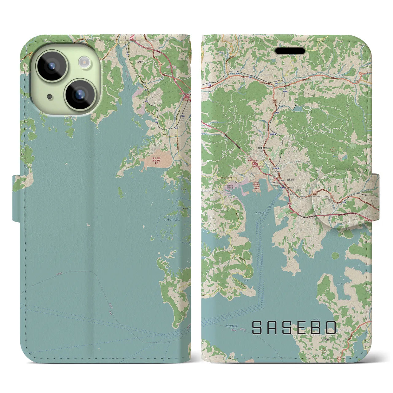 【佐世保(長崎県)】地図柄iPhoneケース(手帳タイプ)ナチュラル・iPhone 15 用