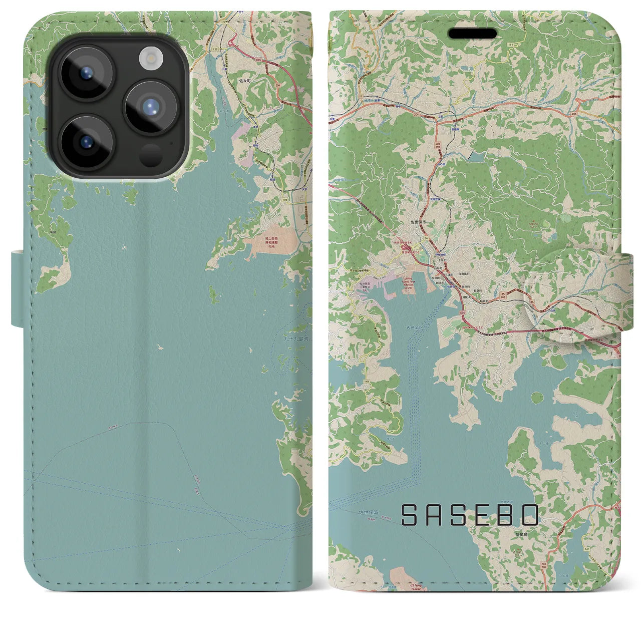 【佐世保(長崎県)】地図柄iPhoneケース(手帳タイプ)ナチュラル・iPhone 15 Pro Max 用