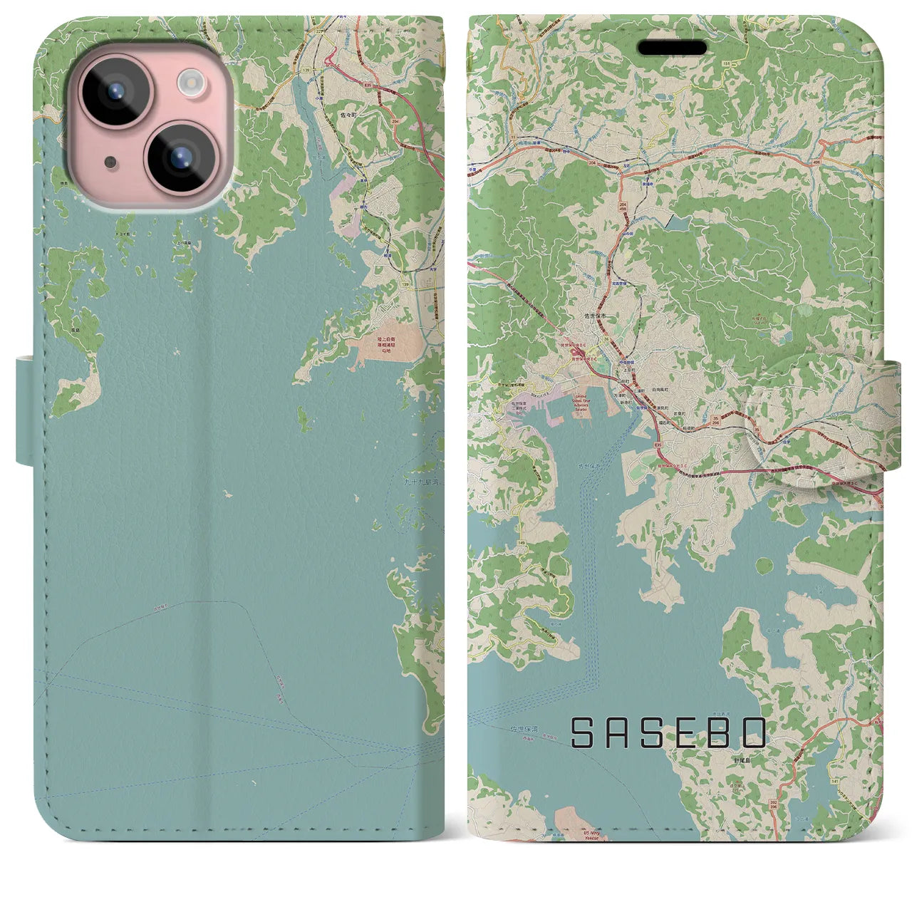 【佐世保(長崎県)】地図柄iPhoneケース(手帳タイプ)ナチュラル・iPhone 15 Plus 用