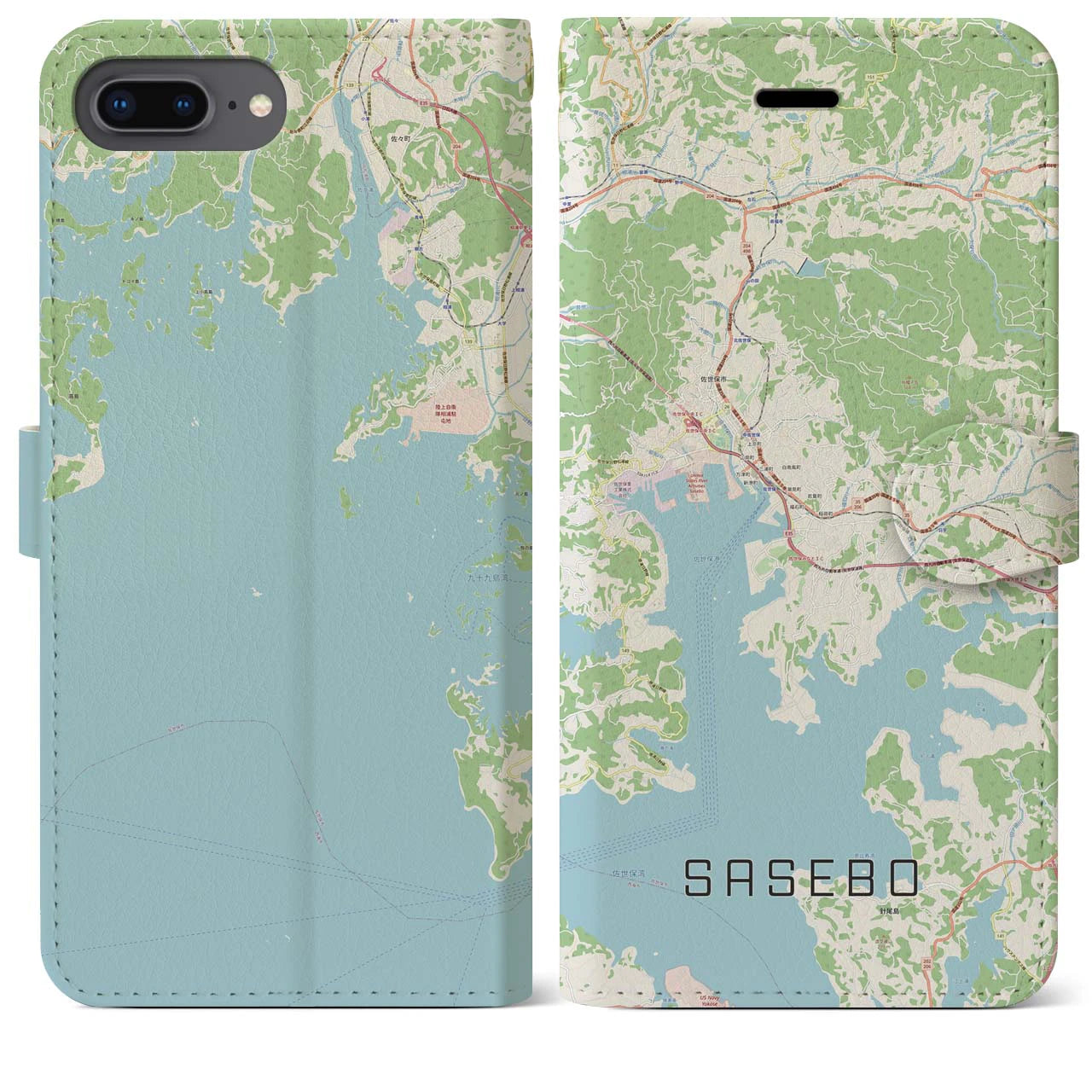 【佐世保(長崎県)】地図柄iPhoneケース(手帳タイプ)ナチュラル・iPhone 8Plus /7Plus / 6sPlus / 6Plus 用