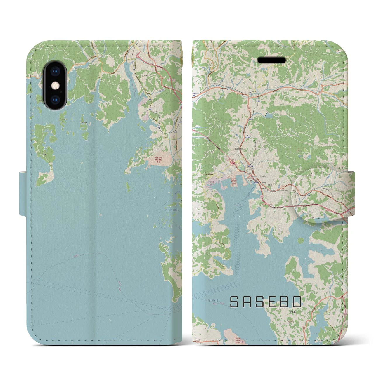 【佐世保(長崎県)】地図柄iPhoneケース(手帳タイプ)ナチュラル・iPhone XS / X 用