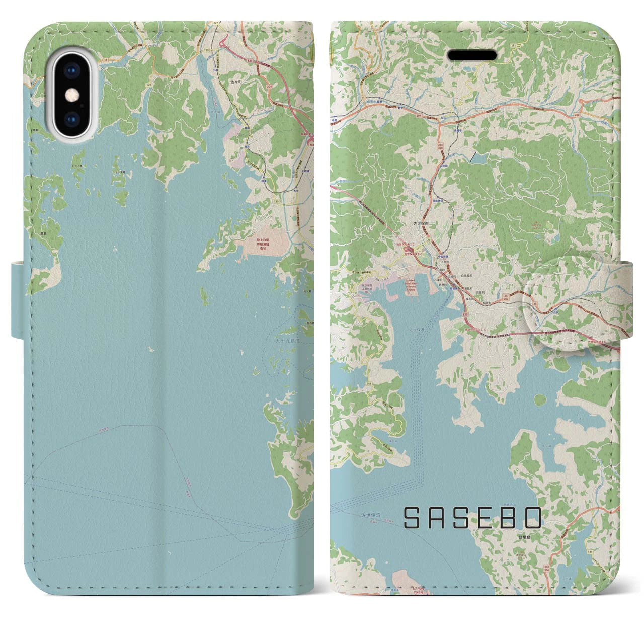 【佐世保(長崎県)】地図柄iPhoneケース(手帳タイプ)ナチュラル・iPhone XS Max 用