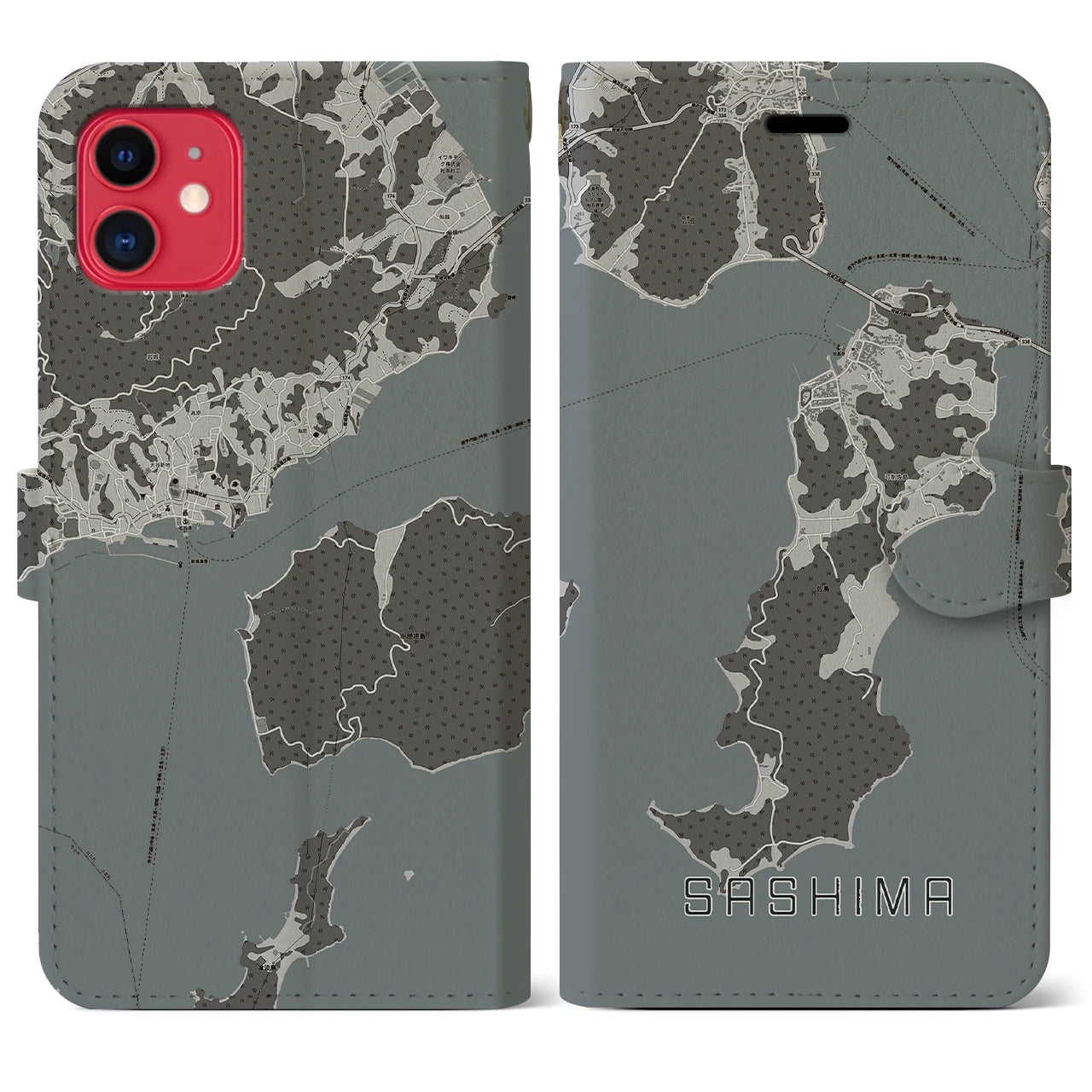【佐島(愛媛県)】地図柄iPhoneケース(手帳タイプ)モノトーン・iPhone 11 用