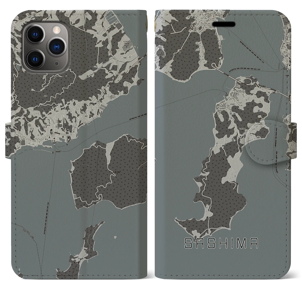 【佐島(愛媛県)】地図柄iPhoneケース(手帳タイプ)モノトーン・iPhone 11 Pro Max 用