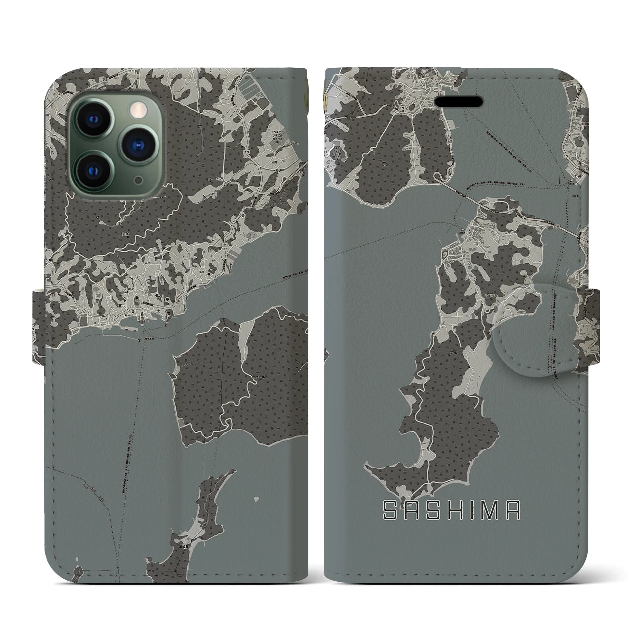 【佐島(愛媛県)】地図柄iPhoneケース(手帳タイプ)モノトーン・iPhone 11 Pro 用
