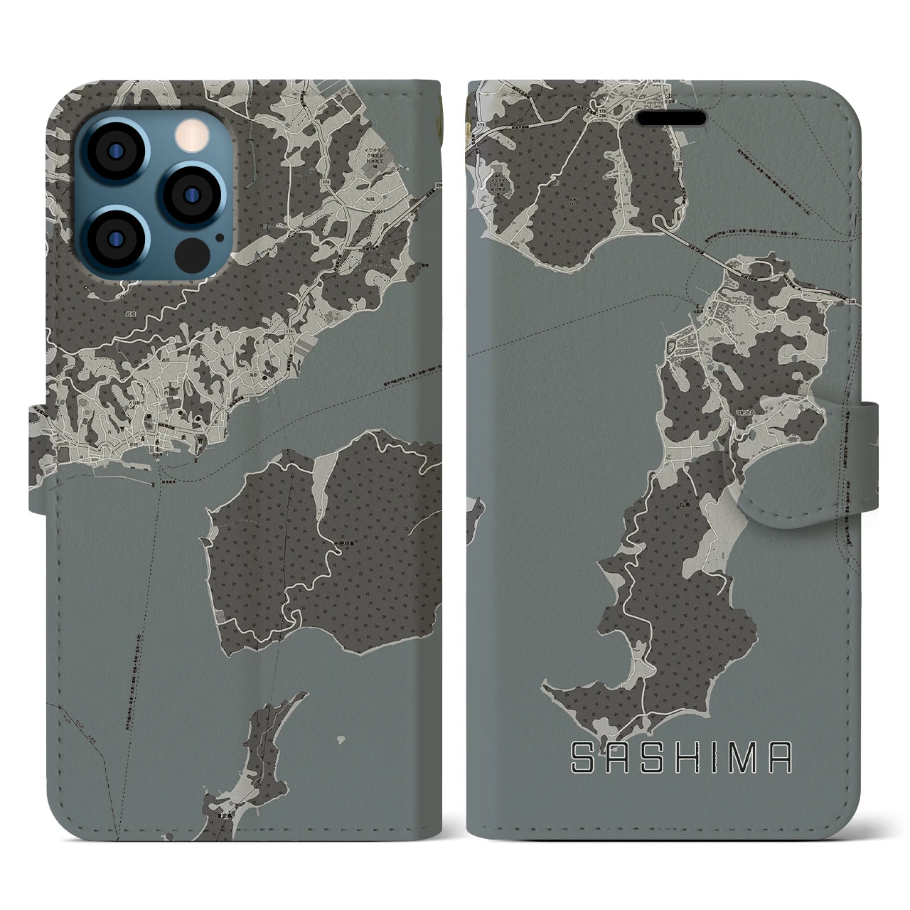 【佐島(愛媛県)】地図柄iPhoneケース(手帳タイプ)モノトーン・iPhone 12 / 12 Pro 用