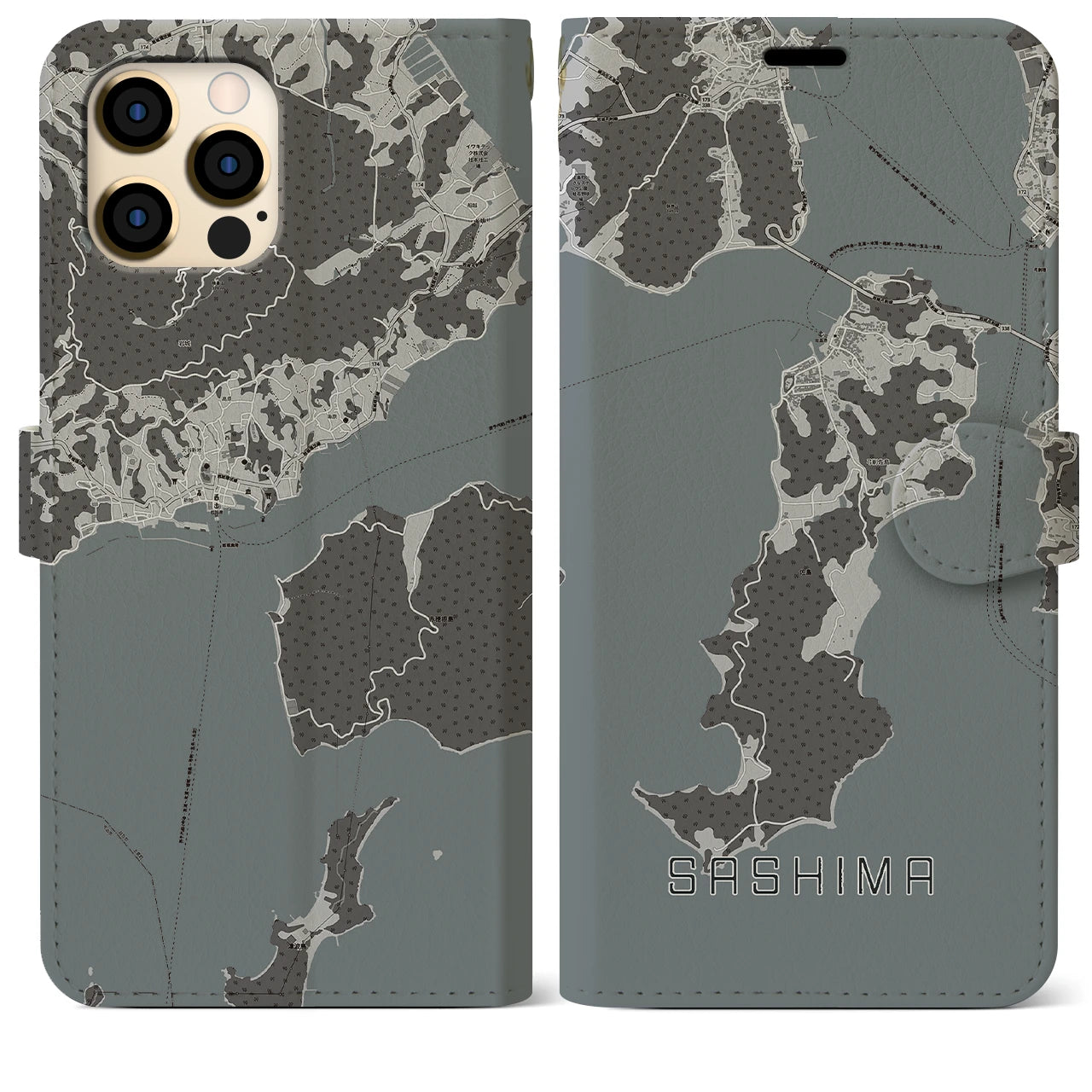 【佐島(愛媛県)】地図柄iPhoneケース(手帳タイプ)モノトーン・iPhone 12 Pro Max 用