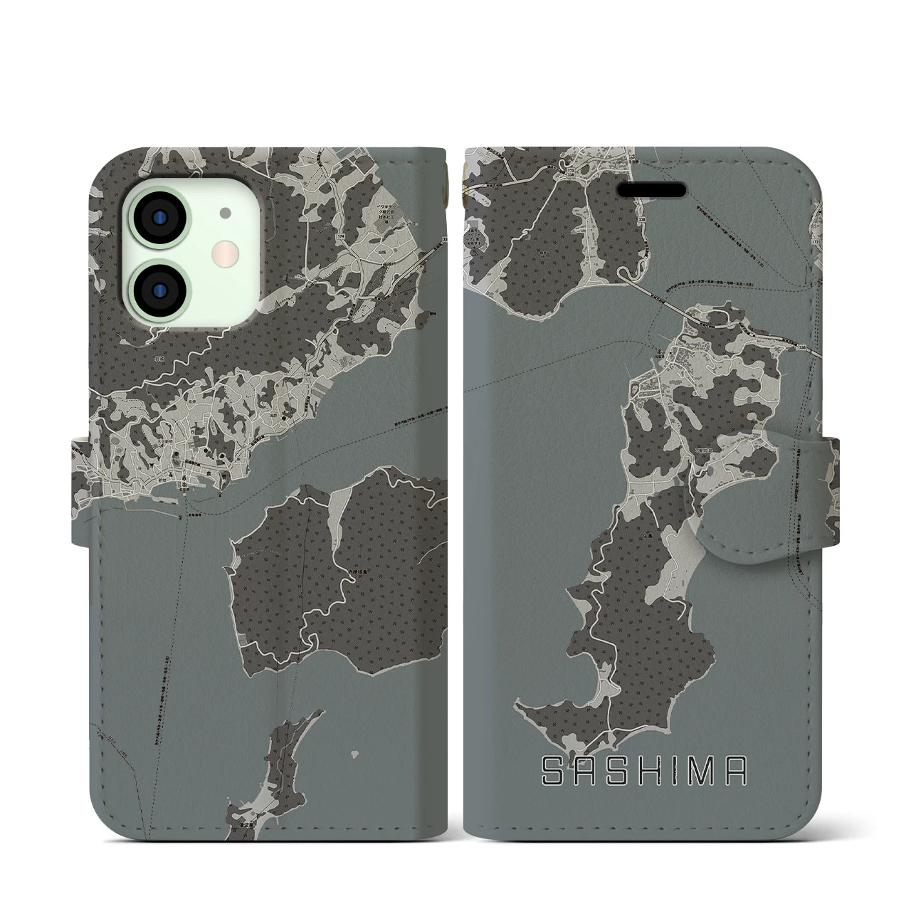 【佐島(愛媛県)】地図柄iPhoneケース(手帳タイプ)モノトーン・iPhone 12 mini 用