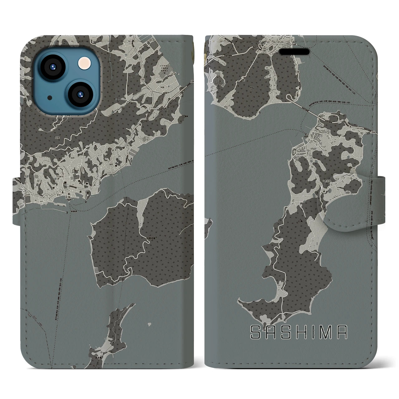 【佐島(愛媛県)】地図柄iPhoneケース(手帳タイプ)モノトーン・iPhone 13 用
