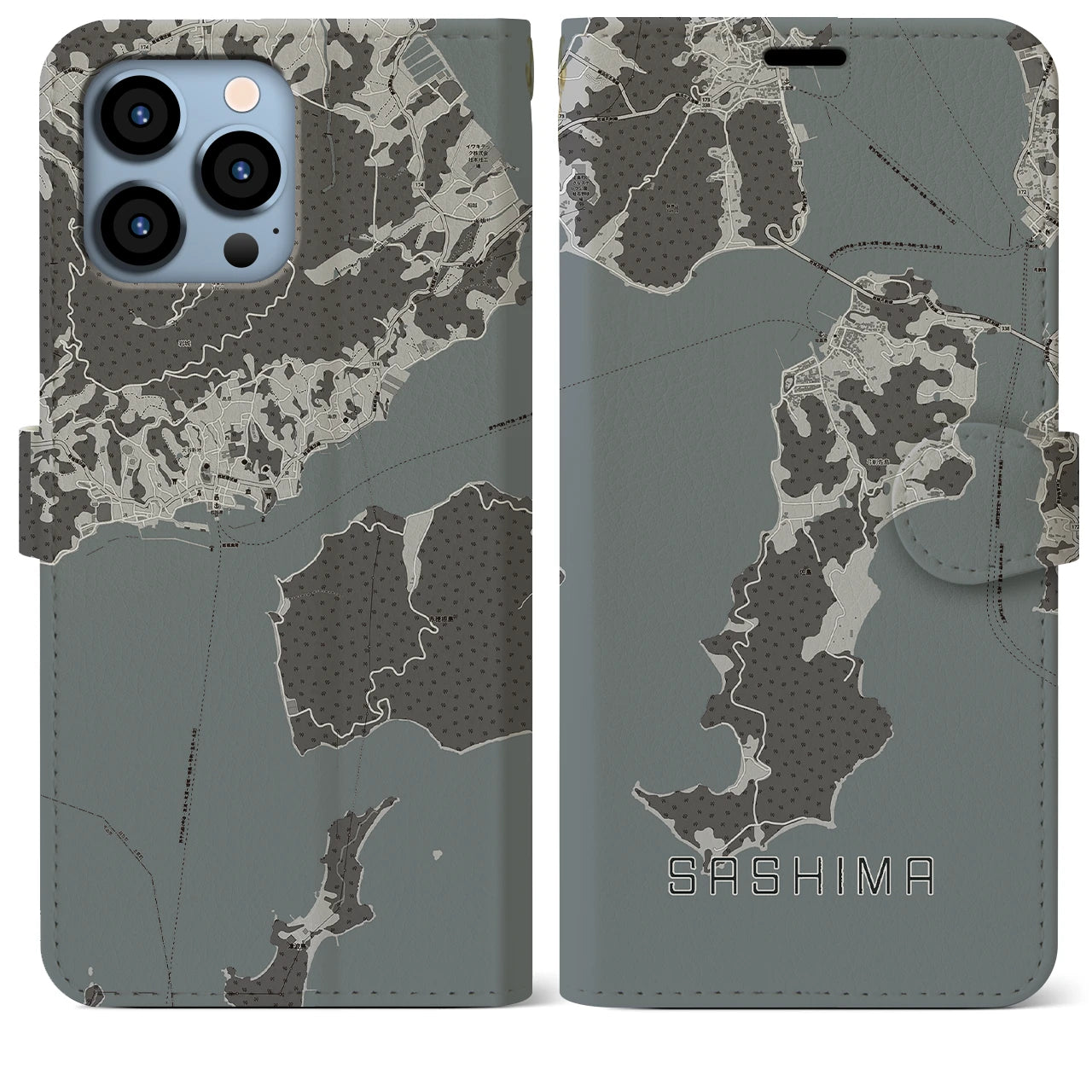 【佐島(愛媛県)】地図柄iPhoneケース(手帳タイプ)モノトーン・iPhone 13 Pro Max 用
