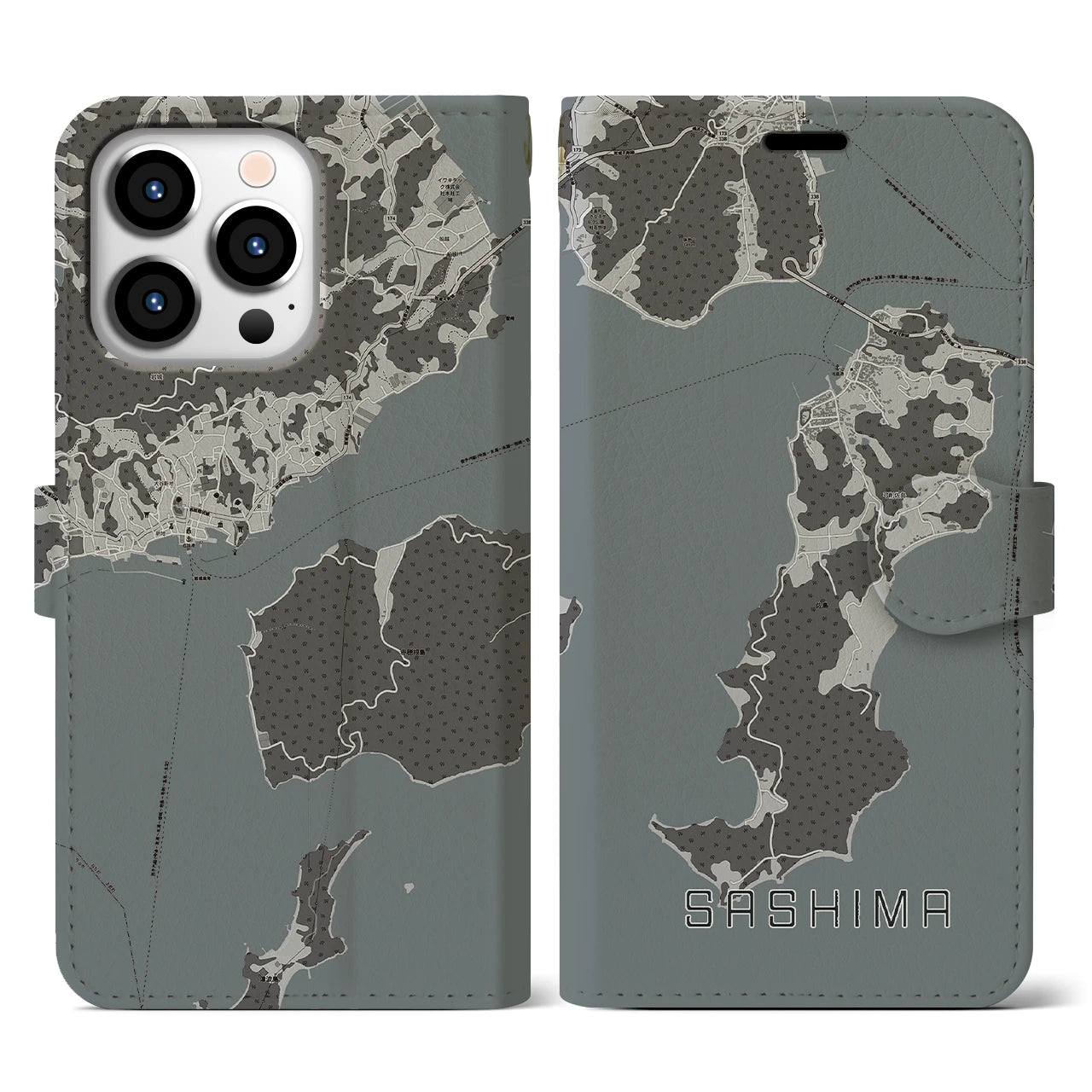 【佐島(愛媛県)】地図柄iPhoneケース(手帳タイプ)モノトーン・iPhone 13 Pro 用